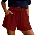 Detail of high waisted burgundy cotton linen shorts with paperbag waist and bow tie belt - S / Burgundy