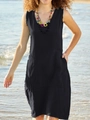 Detail view of black sleeveless cotton linen dress with V-neck and practical side pockets - S / Black