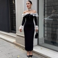 Elegantes schwarzes schulterfreies Bodycon-Maxikleid mit weißer Spitze und Knöpfen - S / Schwarz