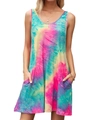 Detail of colorful tie-dye sleeveless dress featuring side pockets and round neck design - S / Rose Red