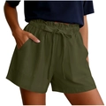 Detail of high-waist olive green cotton linen shorts with elastic drawstring and side pockets - S / Green