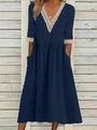 Navy V-neck cotton linen midi dress featuring delicate beige lace trim on collar and sleeves - S / Navy Blue