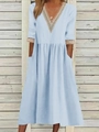 Light blue V-neck midi dress in cotton linen with white lace trim and practical side pockets - S / Light Blue