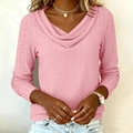 Detail of pink long sleeve top featuring intricate eyelet fabric and a soft cowl neckline - S / Pink