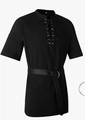 Detail of black vintage men's short sleeve shirt with drawstring collar and faux leather belt - M / Black