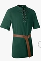 Detail of dark green cotton linen shirt featuring drawstring neckline and brown leather belt - M / Dark Green