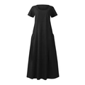 Detail view of the hidden side pockets on a black cotton linen A-line maxi dress - S / Black