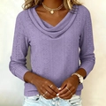 Detail of purple cowl neck long sleeve top with intricate eyelet hollow crochet texture - S / Purple