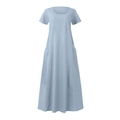 Detail of light blue cotton linen maxi dress featuring side pockets and a-line hemline - S / Light Blue