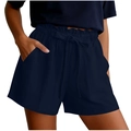 Women's navy blue cotton linen shorts with elastic paperbag waist and drawstring tie - S / Navy Blue