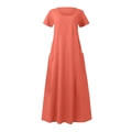 Detailed view of coral cotton linen dress featuring round neck and side pockets - S / Orange Red
