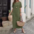 Vestido largo informal de lino verde militar para mujer con manga corta y abertura frontal - S / Verde Militar
