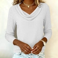Detail of white cowl neck long sleeve top with eyelet cutout texture and relaxed fit - S / White