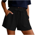 Women's black cotton linen shorts with elastic high waist and drawstring pockets - S / Black