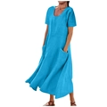 Details von lockerem himmelblauem Baumwolle-Leinen-Maxikleid mit Rundhals und Taschen - S / Blaugrün