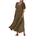 Details von dunkelbraunem Baumwoll-Leinen-Kleid mit Rundhals und großen Seitentaschen - S / Dunkelbraun