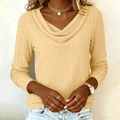 Close-up of beige eyelet crochet fabric texture on long sleeve cowl neck top for women - S / Yellow