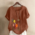 Detailed macro view of caramel linen blend fabric with colorful floral print and buttons - S / Coffee Print