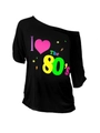 Λεπτομέρεια του vintage I Heart The 80s τύπωμα σε μαύρο μπλουζάκι με έξω τους ώμους - XS / Στυλ Ρετρό I Love The 80's / 80s Τύπωμα