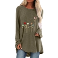 Olive green loose long sleeve t-shirt with colorful floral print and curved hemline - S / Khaki