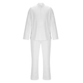 Dettaglio del completo da uomo in cotone lino bianco con collo alla coreana e bottoni - S / Bianco