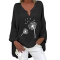 Détail d'une chemise en lin grise avec col en V, imprimé pissenlit et coupe longue - S / Noir