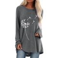 Casual dark grey long sleeve t-shirt with a white dandelion print and crew neck - S / Gray
