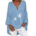 Détail du chemisier bleu clair en coton et lin avec col en V et imprimé pissenlit blanc - S / Bleu Ciel