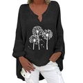 Tunica in lino con scollo a V da donna nera con stampa di dente di leone bianco e maniche lunghe - S / Nero