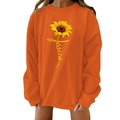 Detail van zonnebloemprint met Jesus-letters op oranje sweatshirt met ronde hals - S / Oranje