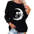 Detail of gothic skull and moon screen print on a black long-sleeved sweatshirt - S / Tops / Black (Skeletons Facing Each Other Print)