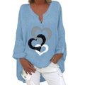Blaues Langarmhemd mit V-Ausschnitt und Herz-Print aus Baumwolle und Leinen für Damen - S / Himmelblau