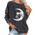 Close-up of skeleton and crescent moon print on charcoal grey oversized hoodie sweater - S / Tops / Dark Gray (Opposing Skulls Moon Print)