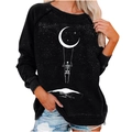 Detailed view of skull on a swing print with crescent moon and stars on a black sweatshirt - S / Tops / Black (Swinging Skeleton Moon Print)