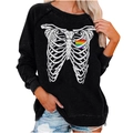 Detail of a black sweatshirt featuring white skeleton ribs and a rainbow heart print - S / Tops / Black (Ribs Rainbow Heart Print)