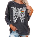 Detail of grey washed sweatshirt featuring white rib cage print and rainbow heart detail - S / Tops / Dark Gray (Ribs Rainbow Heart Print)