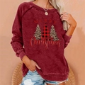 Close-up of Merry Christmas lettering and leopard print tree design on burgundy sweatshirt - 3XL / Top (Three Spliced Christmas Trees Print) / Burgundy