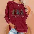 Detail of Christmas tree print on burgundy sweatshirt with Merry Christmas text - 3XL / Top (Five Christmas Trees Print) / Burgundy