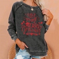 Detail of Christmas themed print on charcoal grey washed sweatshirt for women - 3XL / Top (MERRY CHRISTMAS Print) / Dark Gray