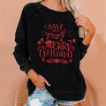 Detail view of women's black Christmas sweatshirt with festive red graphic print - 3XL / Tops / Black (829X)