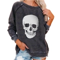 Detail of grey raglan sleeve sweatshirt featuring a bold white skull print for Halloween - S / Top (Realistic Big Skull Print) / Dark Gray
