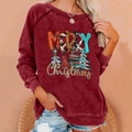 Detail of burgundy Christmas sweatshirt with festive leopard print Merry Christmas text - 3XL / Top (Four Spliced Christmas Trees MERRY Christmas Print) / Burgundy