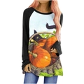 T-shirt da donna a maniche lunghe per Halloween con gatto nero, zucche e maniche raglan - S / Stile Gatto Nero e Zucca