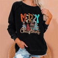 Detail of the boho Merry Christmas print and festive tree graphics on a black sweatshirt - 3XL / Top (Four Spliced Christmas Trees MERRY Christmas Print) / Black