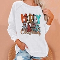 Detail of loose white Christmas sweatshirt showing Merry Christmas print and festive trees - 3XL / Tops / White (830X)