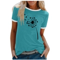 Close-up of heart-shaped dandelion print on a teal T-shirt with white ribbed edges - S / Tops / Blue (Heart Dandelion)