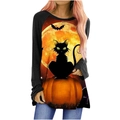 Women Halloween raglan sleeve tee with black cat, orange pumpkin and moon print - S / Black Cat Moon Style