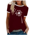 Detail showing dandelion heart print on casual burgundy short sleeve T-shirt for women - S / Tops / Wine Red (Heart Dandelion)