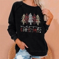 Close-up of black Christmas sweatshirt with patterned trees and Merry Christmas text - 3XL / Top (MERRY CHRISTMAS Print) / Black