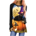 Women's Halloween long sleeve tunic featuring black cat and pumpkin graphic print - S / Black Cat & Squirrel Style